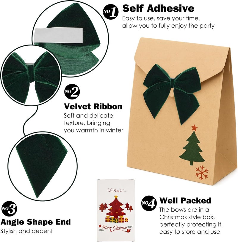 LiBongTa 3.5" Hunter Green Bows Velvet Ribbon Bow with Self Adhesive, Small Gift Bows Decor, Dark Green Christmas Bows for Treat Bag, Candy Pop, Basket, Party Favor, Craft Bow For Gift Wrapping-24 PCs - Image 3